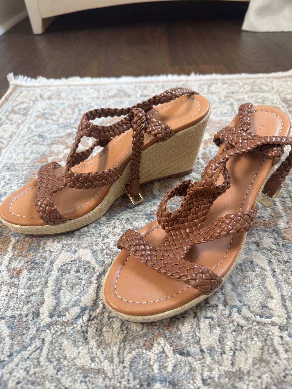 kate spade Braided Tan Leather Espadrille Wedge Sandals size 9.5
